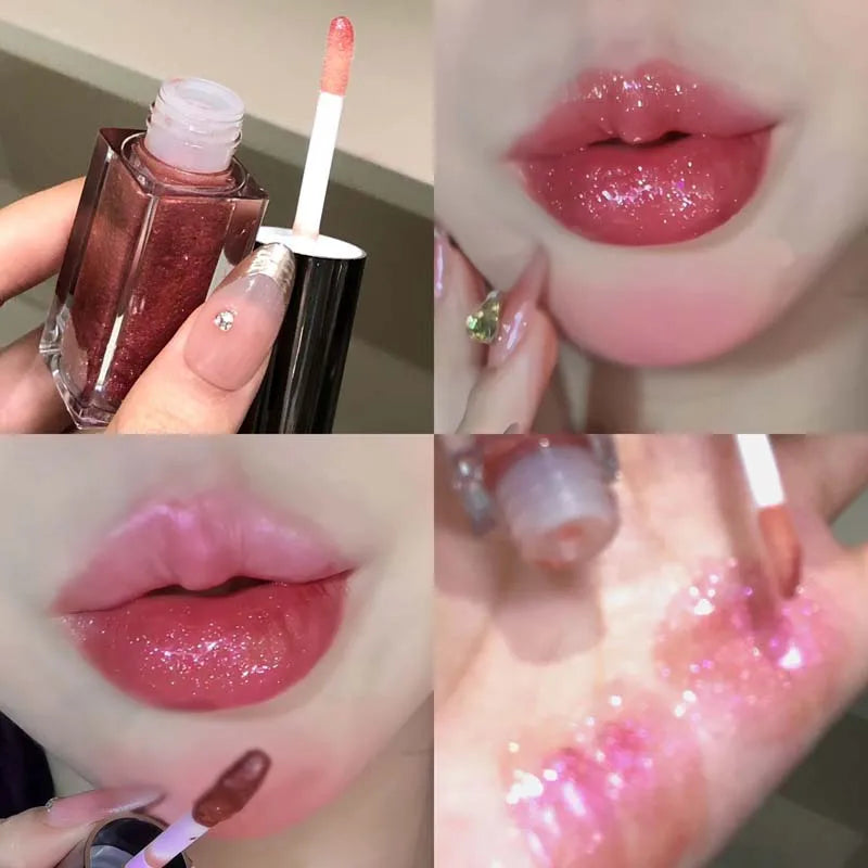 Glittering Mirror Lip Glaze, Watery Shimmering Light Lip Gloss Makeup 6 Colors, Hydrating Moisturizing, Long Lasting