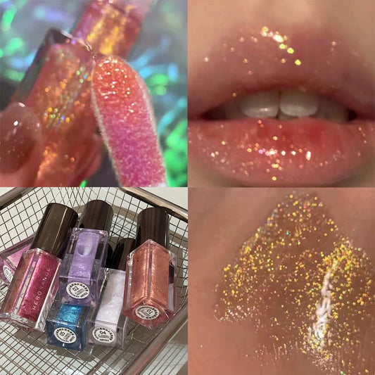 Glittering Mirror Lip Glaze, Watery Shimmering Light Lip Gloss Makeup 6 Colors, Hydrating Moisturizing, Long Lasting